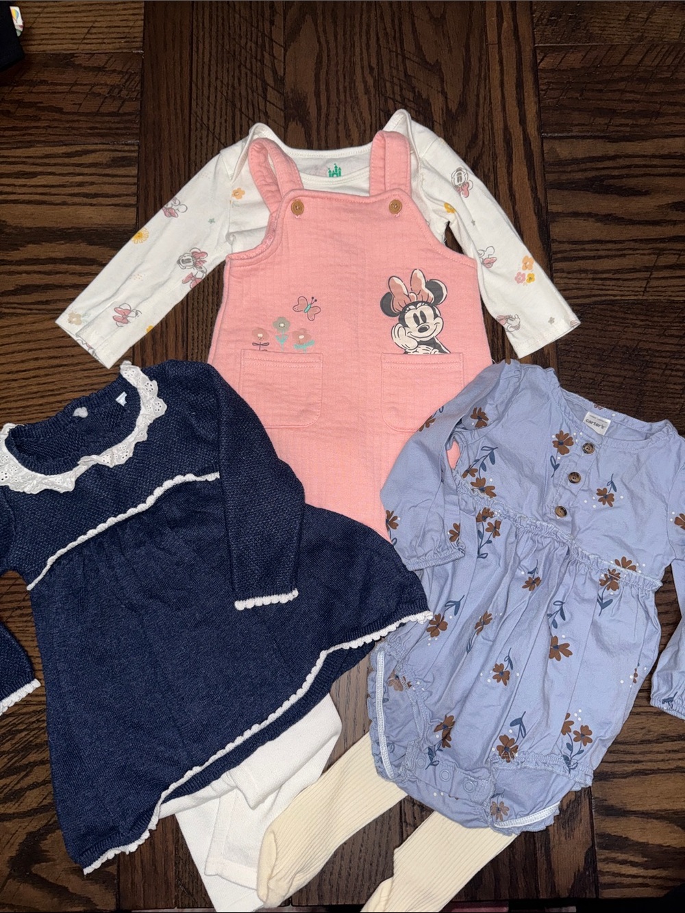 🍒Set of 3 9m Baby Girl Outfits: Minnie Mouse, Navy Sweater Dress, Blue Romper🍒